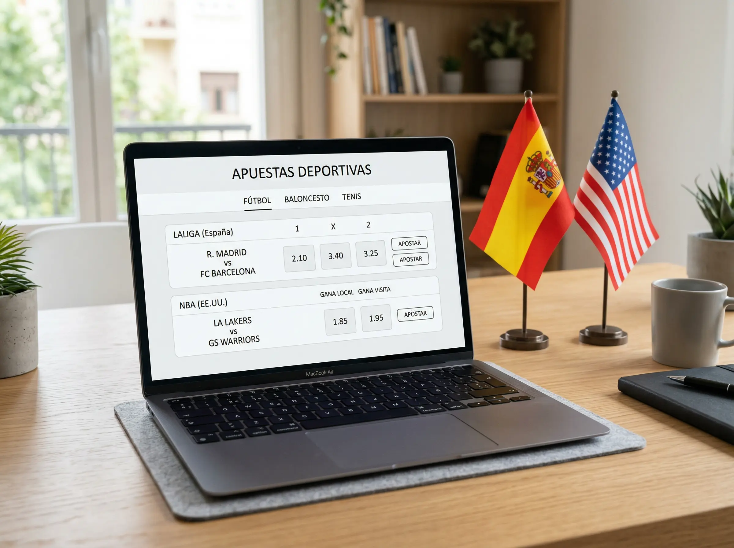 Portátil con página de apuestas deportivas sobre un escritorio con banderas de España y Estados Unidos
