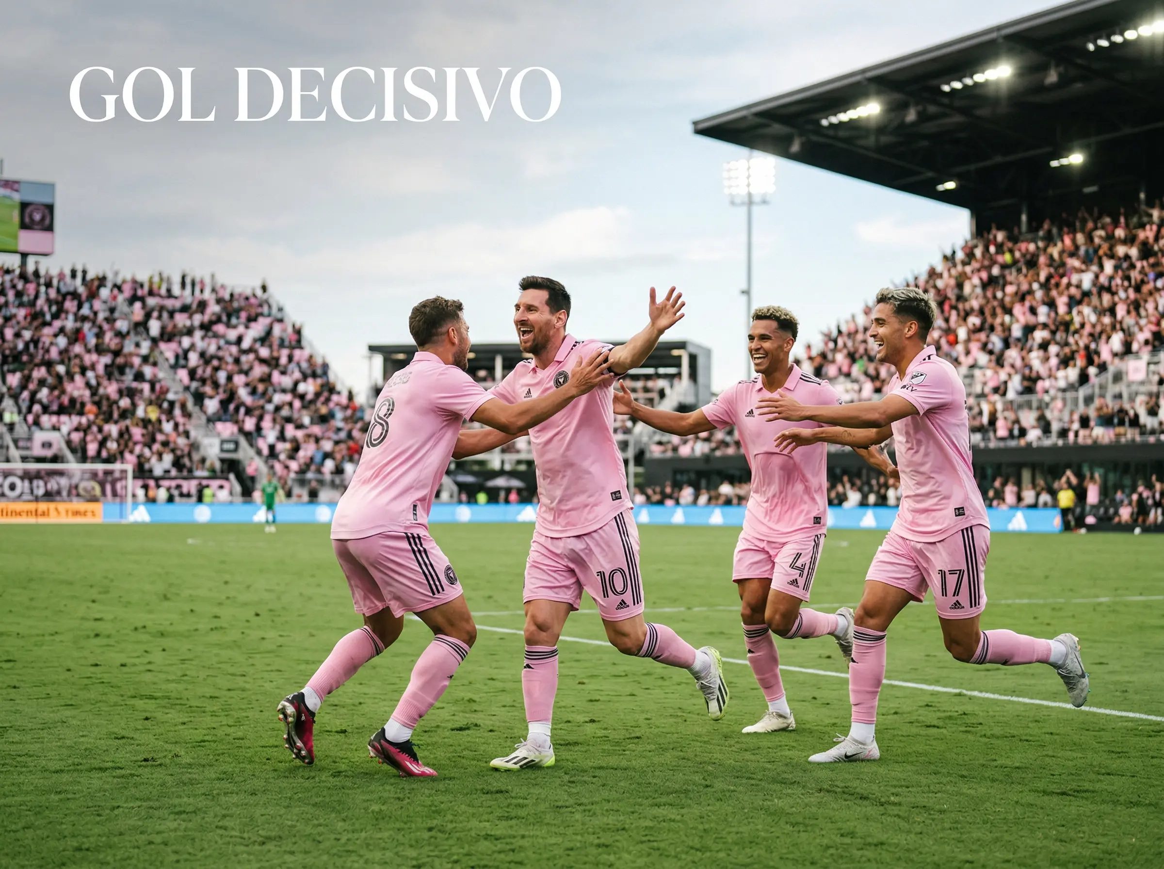 Jugadores de Inter Miami celebrando un gol en su estadio con aficionados de rosa al fondo