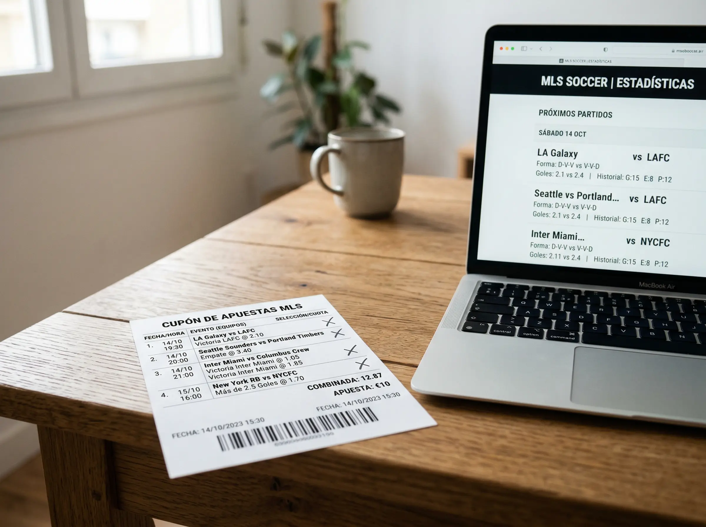 Boleto de apuestas múltiple con logotipos de equipos MLS sobre una mesa de análisis deportivo