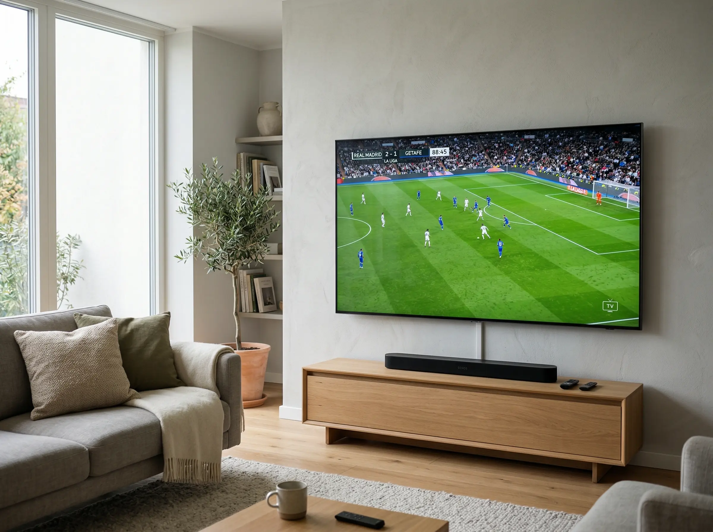 Televisor de pantalla grande mostrando un partido de fútbol MLS en streaming con el logo de Apple TV