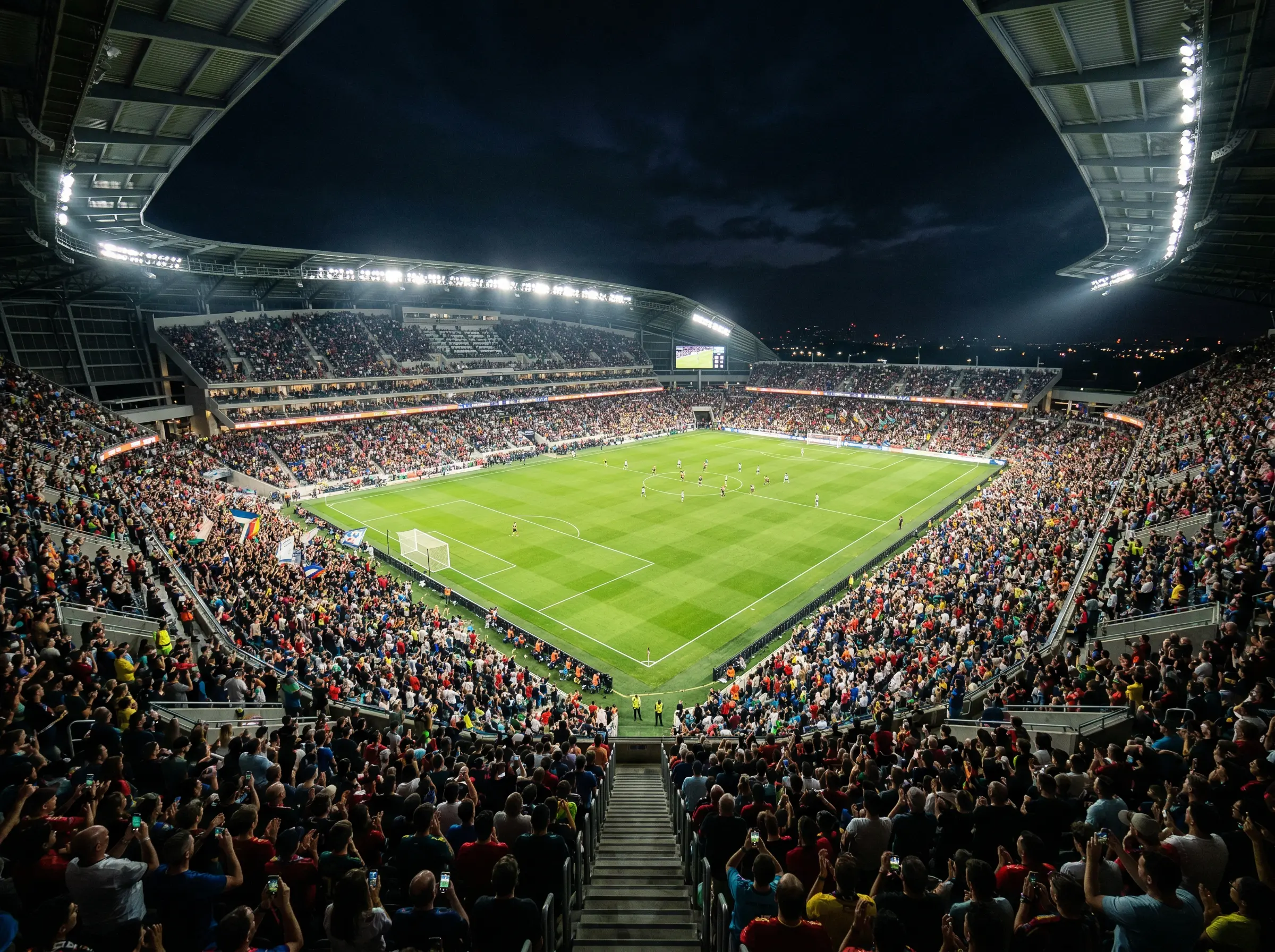 Estadio MLS con gradas llenas de aficionados diversos viendo un partido de fútbol bajo luces nocturnas