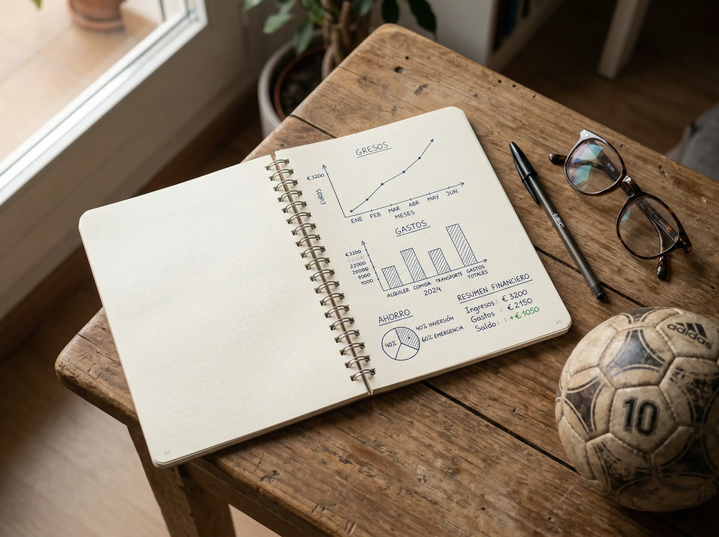 Cuaderno de notas con gráficos de gestión financiera junto a un balón de fútbol sobre un escritorio