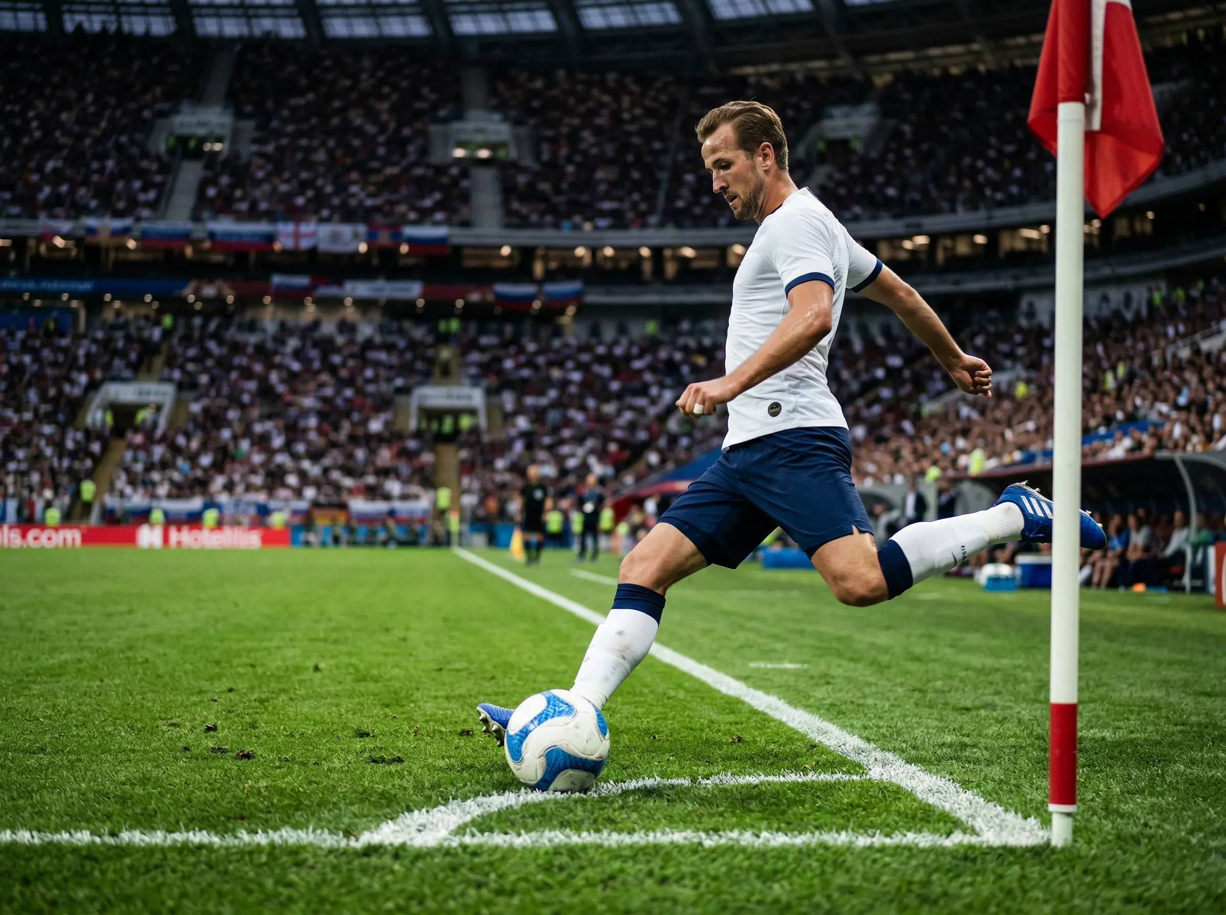 Jugador de fútbol MLS ejecutando un saque de esquina con el banderín de córner en primer plano