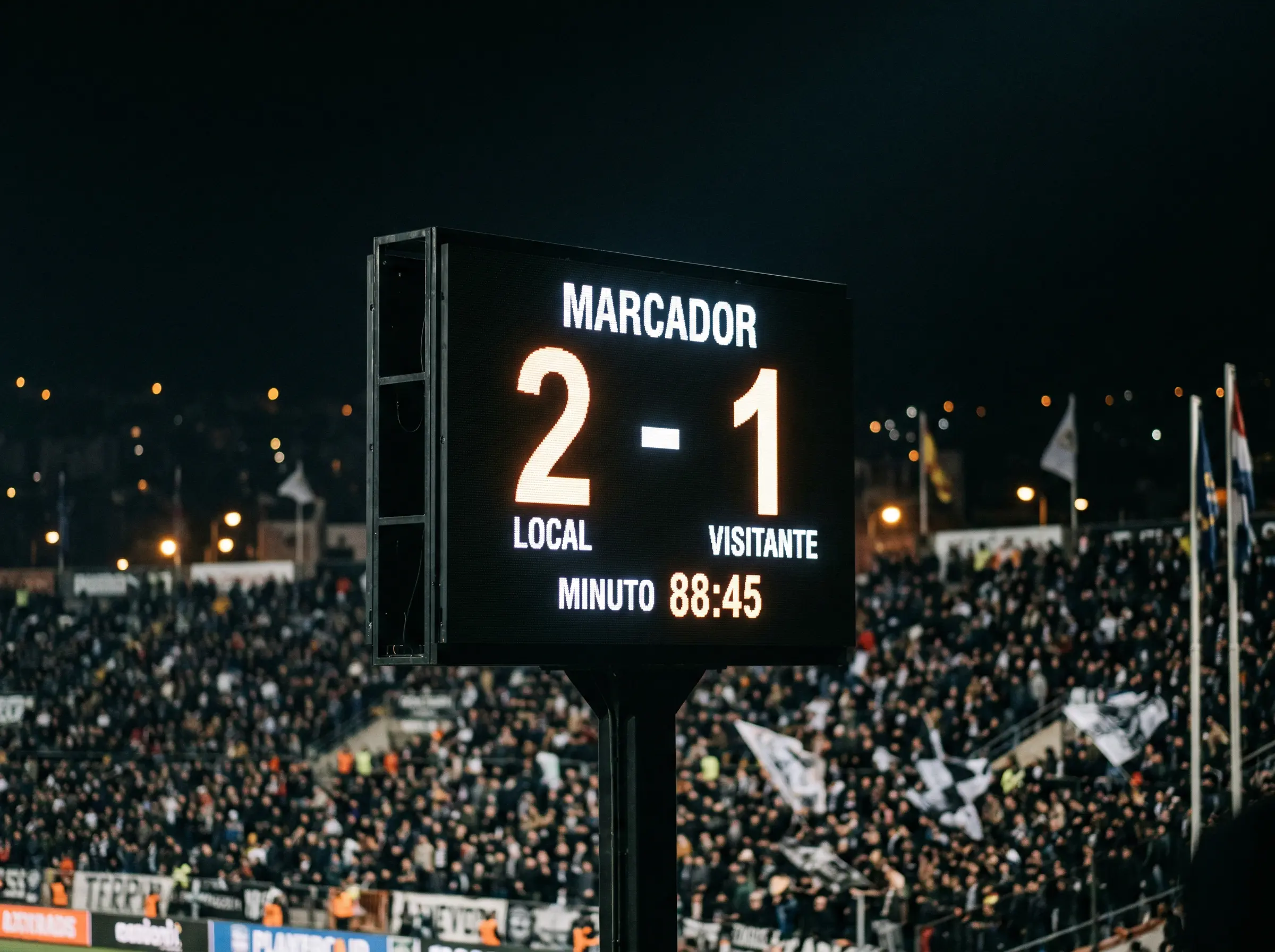 Marcador electrónico de estadio de fútbol MLS mostrando el resultado de un partido