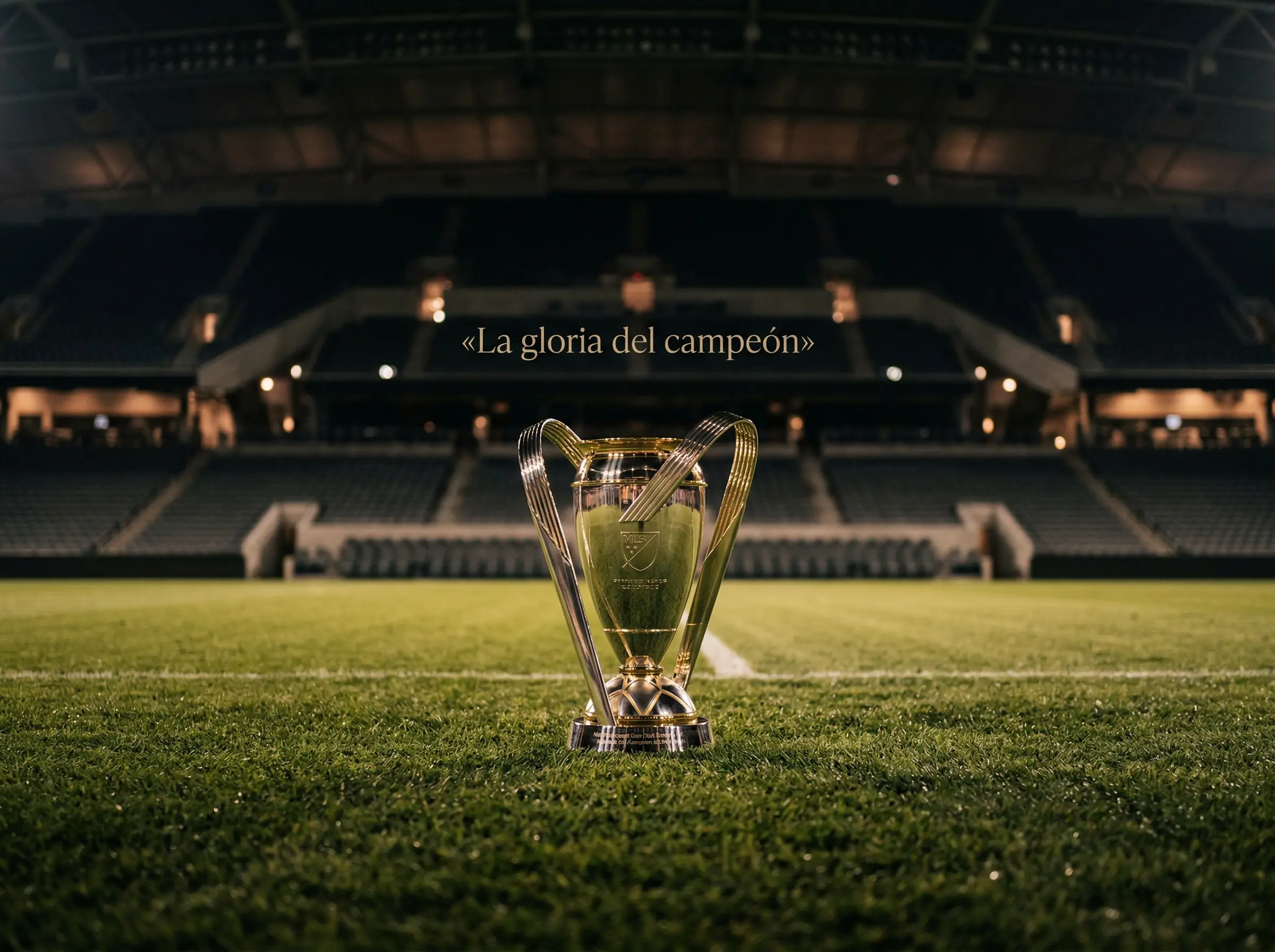 Trofeo de la MLS Cup iluminado sobre un campo de fútbol profesional con gradas al fondo