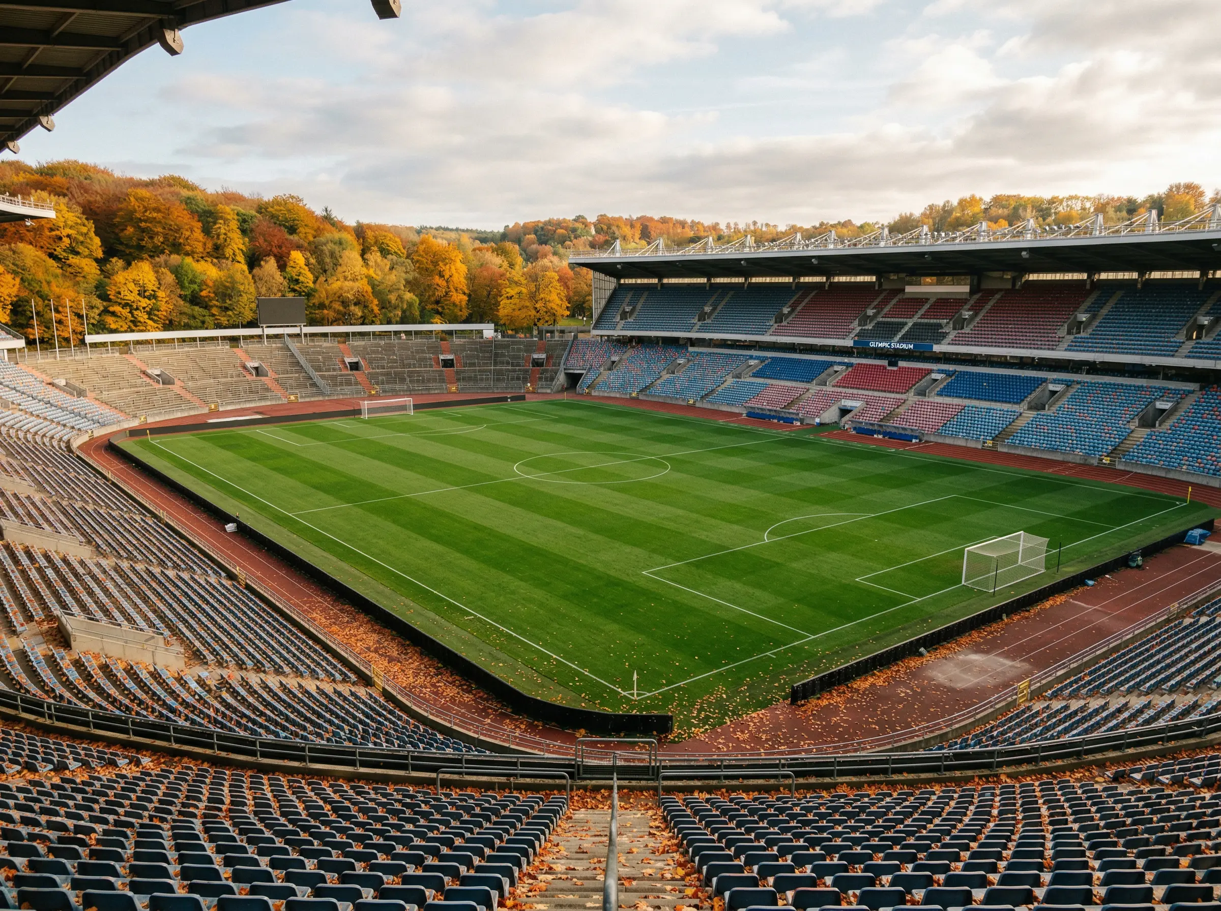 Campo de fútbol MLS con hojas de otoño en las gradas simbolizando el cambio de calendario de la liga