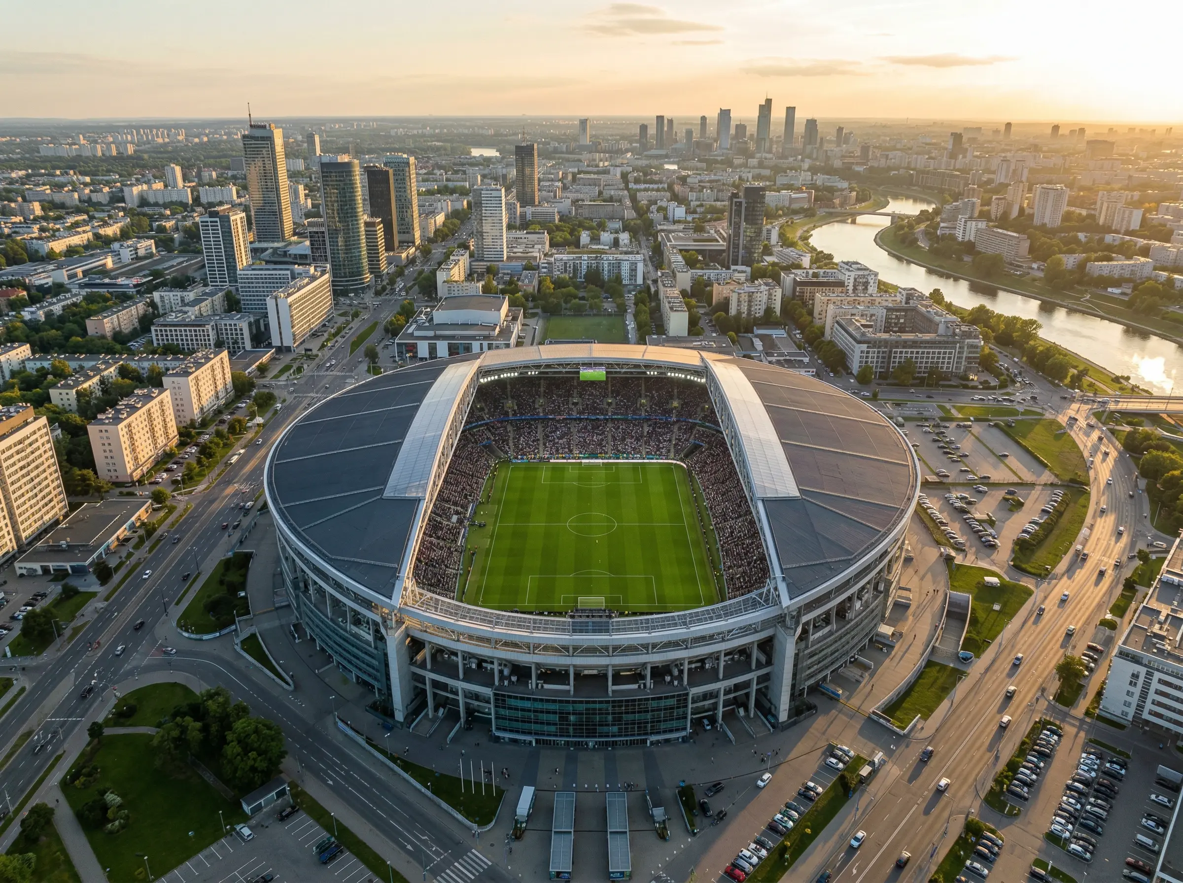 Estadio moderno de la MLS visto desde arriba con el skyline de una ciudad americana al fondo