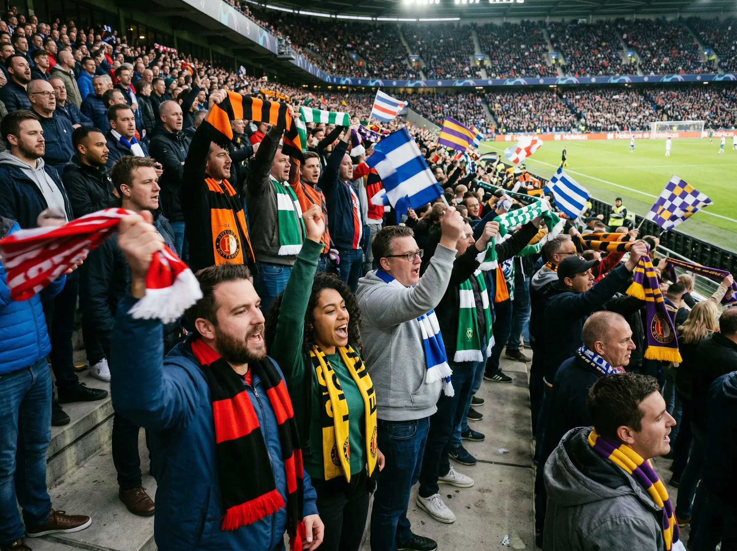 Aficionados de un equipo MLS animando en las gradas de su estadio con banderas y bufandas del equipo local