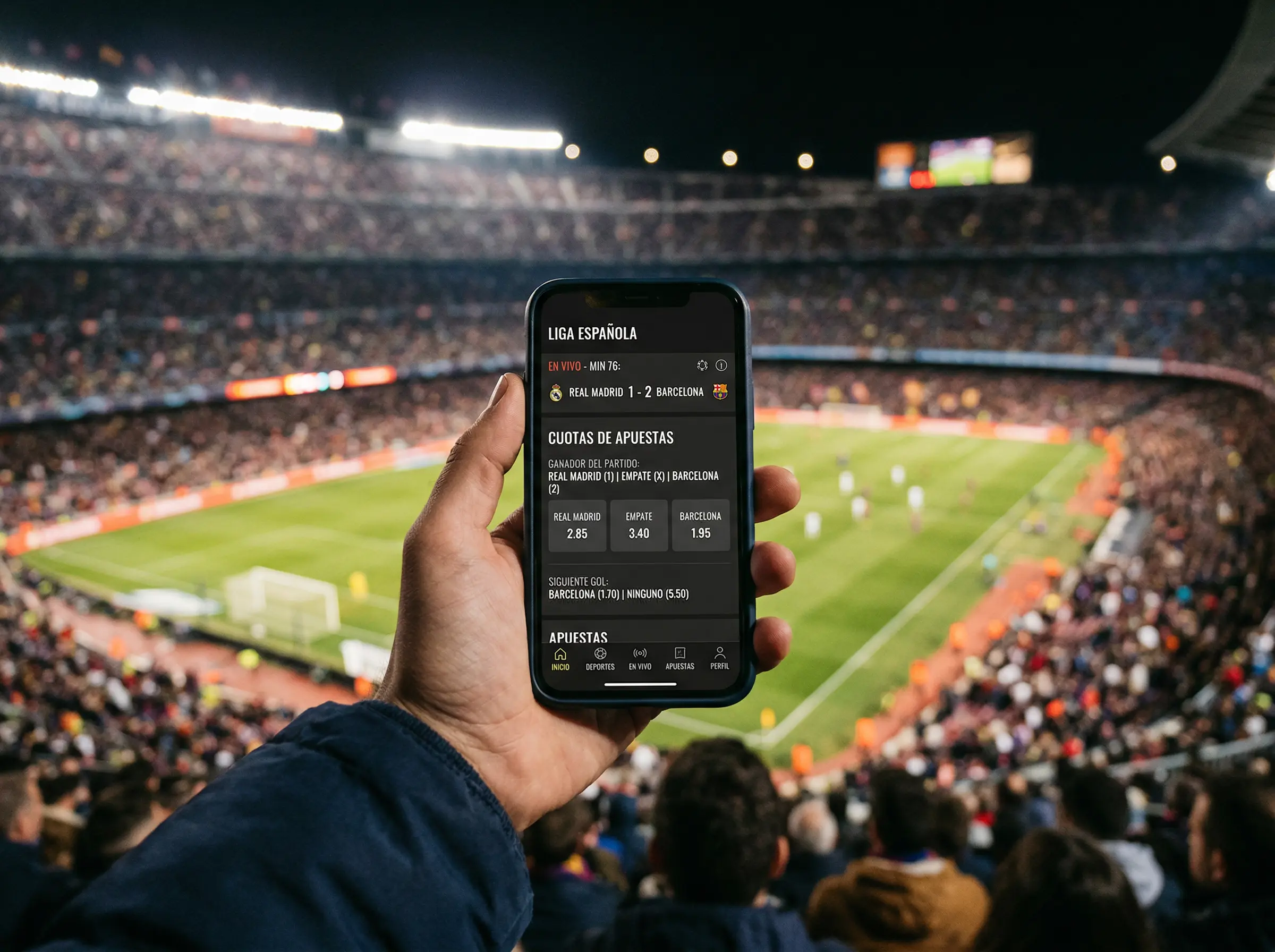 Pantalla de móvil mostrando cuotas en vivo durante un partido de fútbol MLS en un estadio