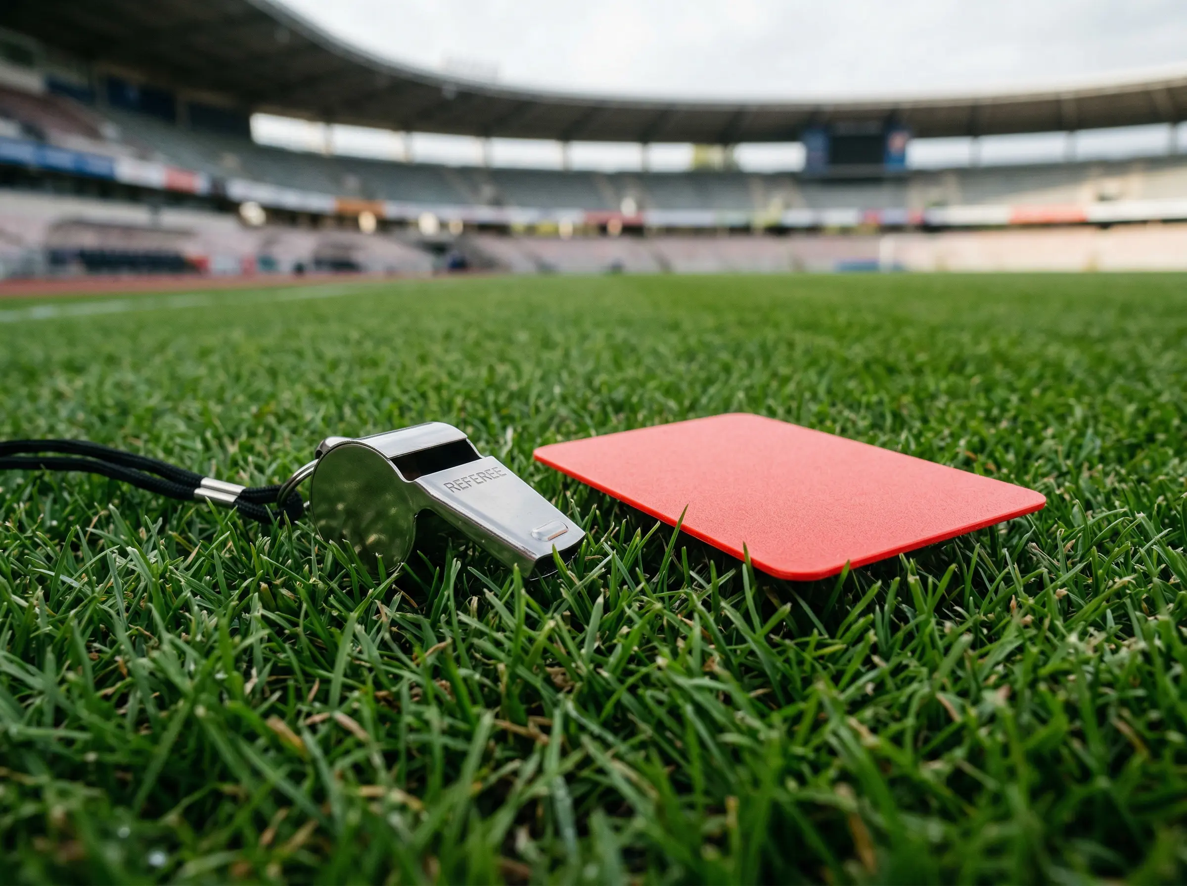 Silbato de árbitro y tarjeta roja sobre un campo de fútbol profesional con gradas vacías