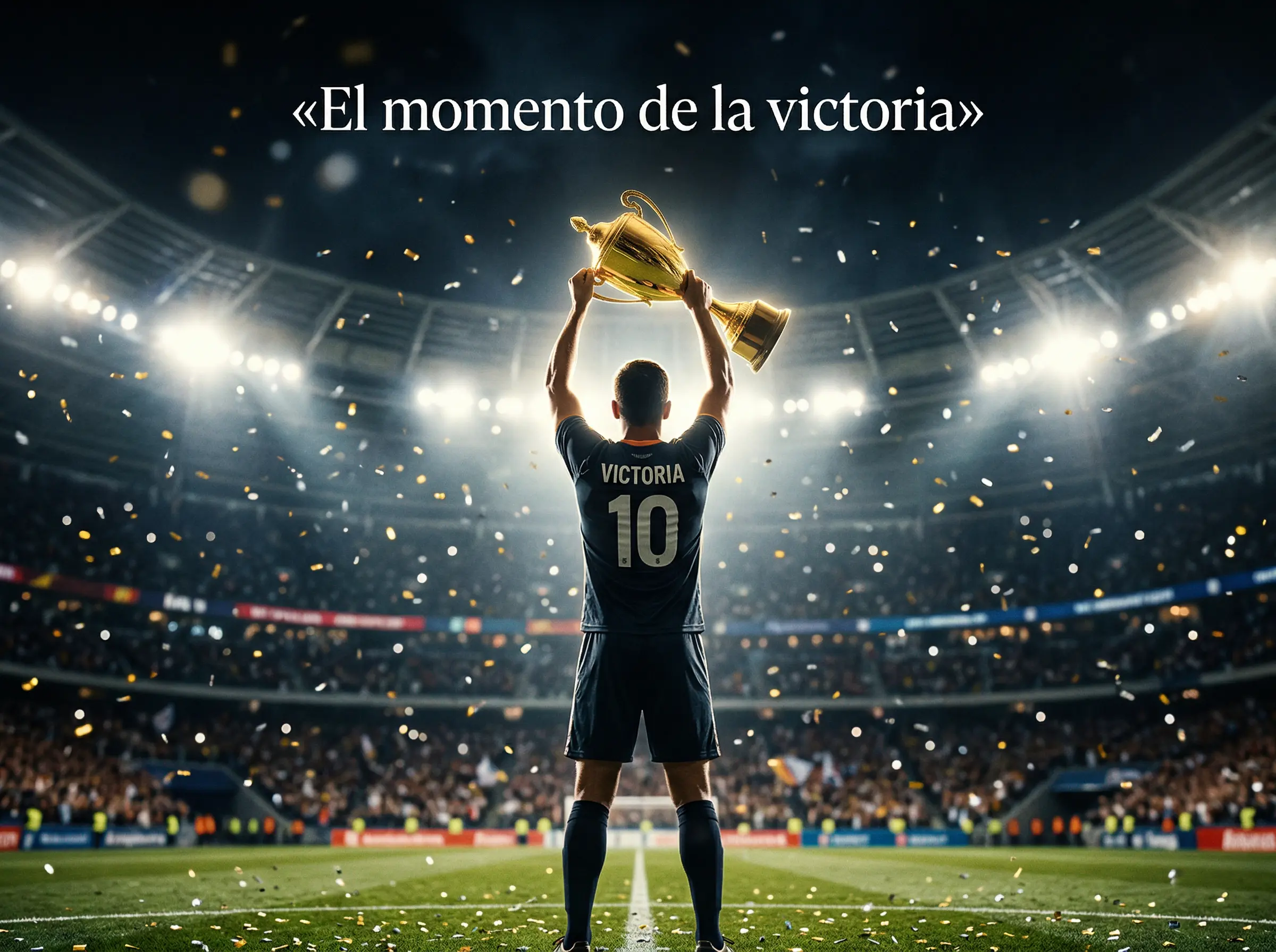 Jugador de fútbol MLS levantando un trofeo individual bajo los focos del estadio