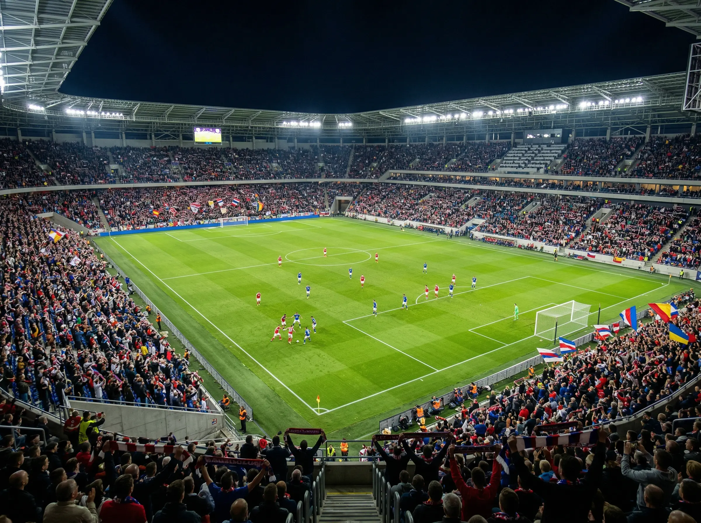 Estadio de fútbol MLS lleno de aficionados durante un partido nocturno de playoffs
