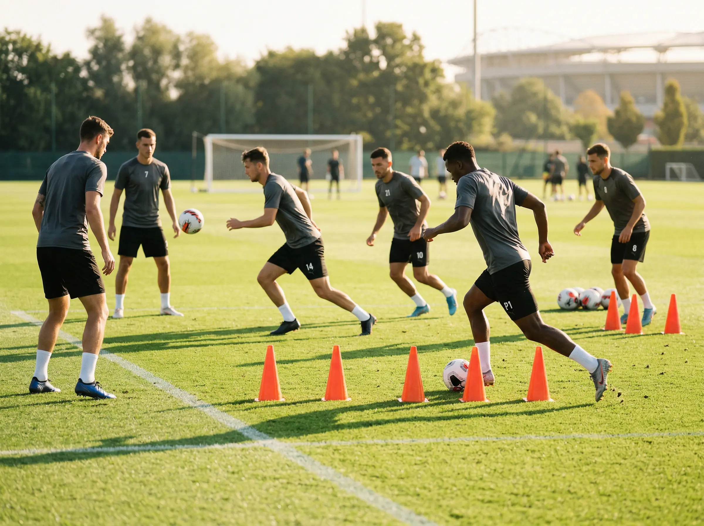 Entrenamiento de pretemporada de un equipo MLS en un campo de fútbol soleado con conos y balones