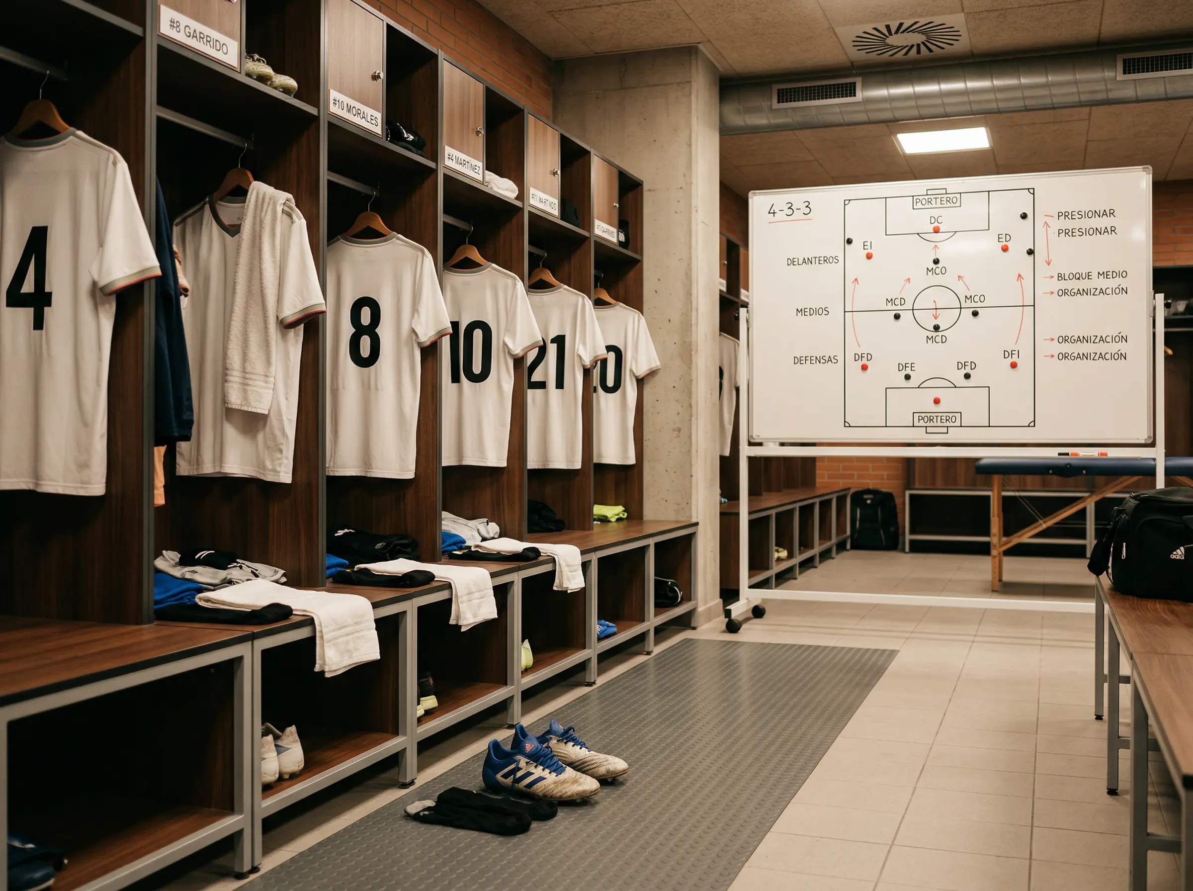 Vestuario de equipo MLS con equipación profesional y una pizarra táctica al fondo