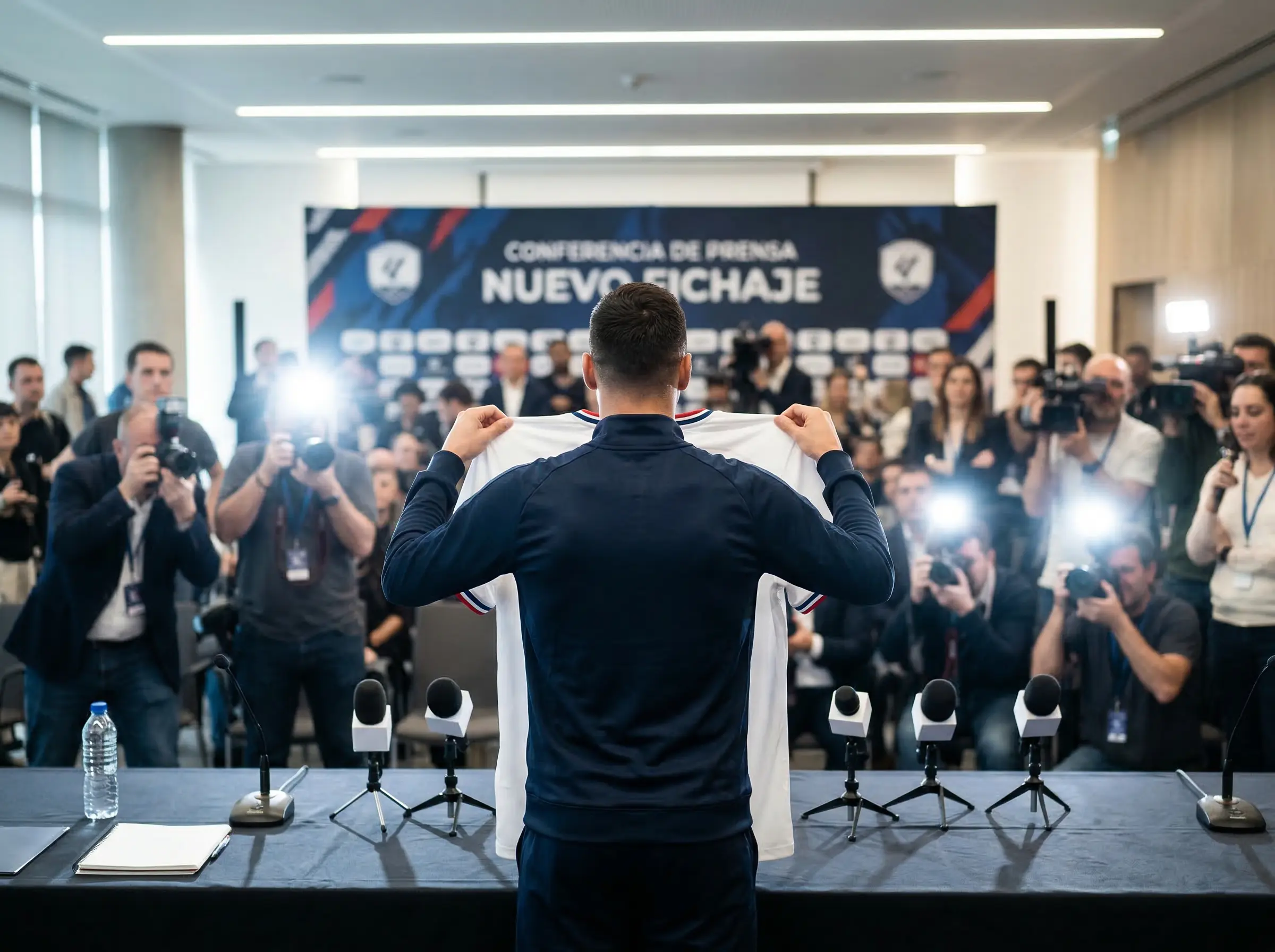 Jugador de fútbol presentado como nuevo fichaje MLS sosteniendo la camiseta del equipo en rueda de prensa