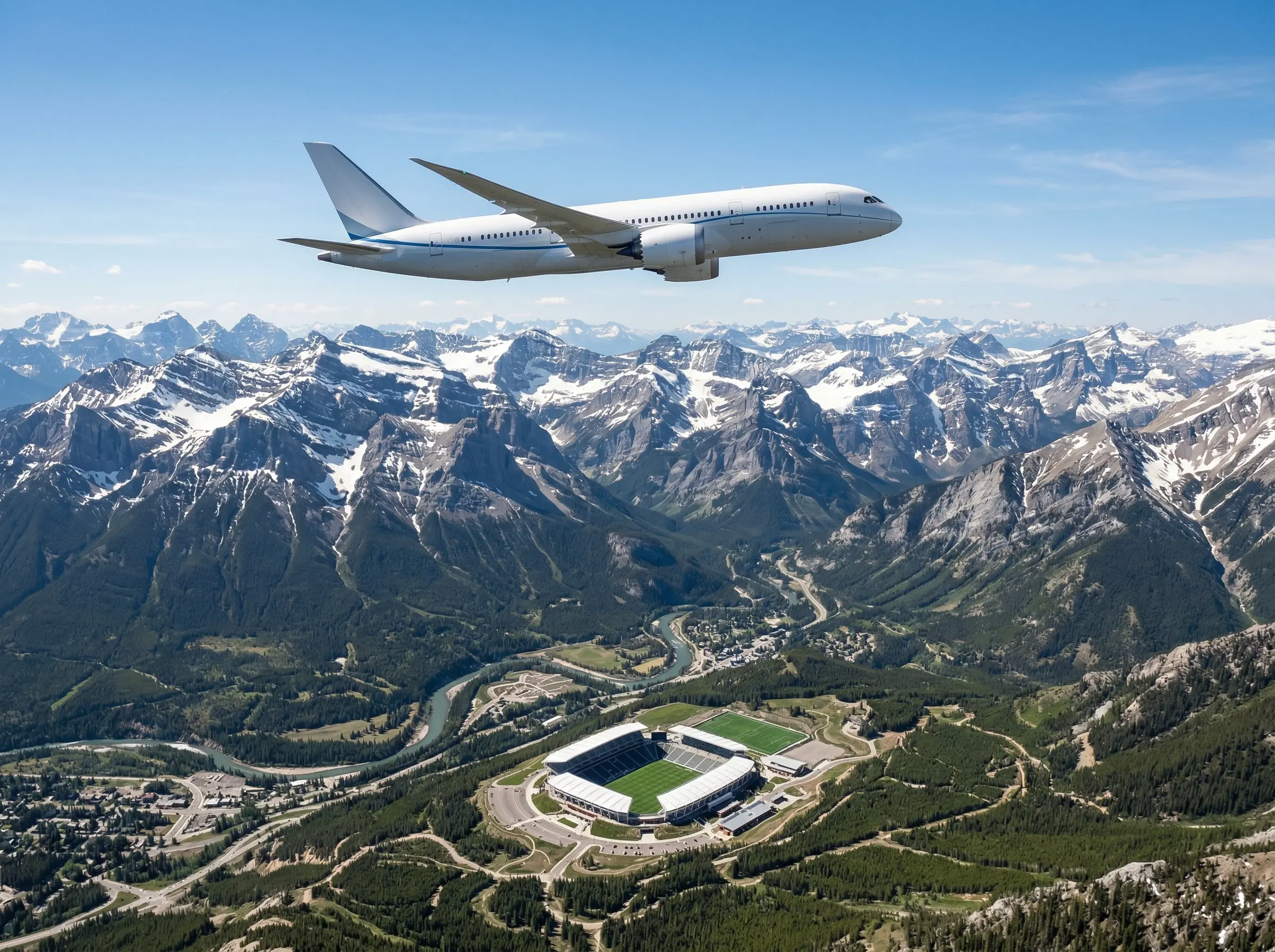 Vista aérea de un avión sobrevolando un campo de fútbol con las Montañas Rocosas al fondo