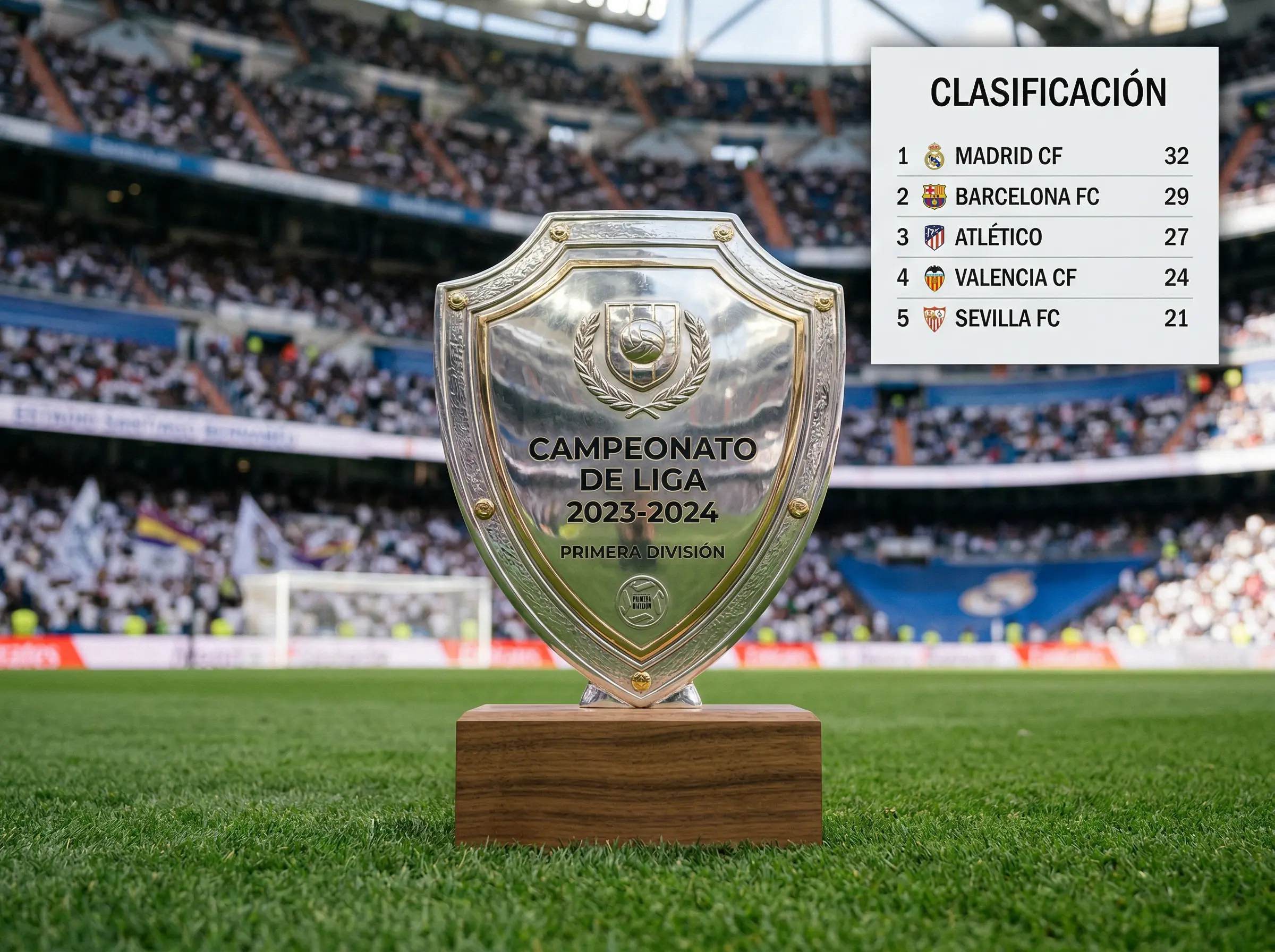 Escudo del Supporters Shield de la MLS sobre un fondo de campo de fútbol con la tabla de clasificación