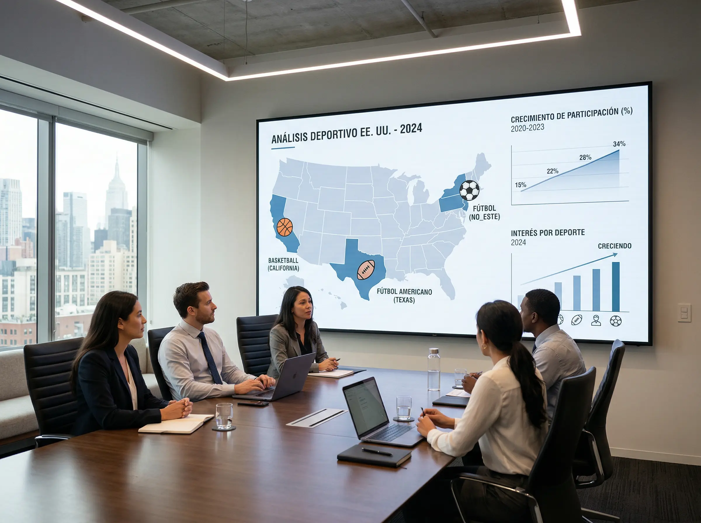 Mapa de Estados Unidos con iconos deportivos y gráficos de crecimiento del mercado de apuestas