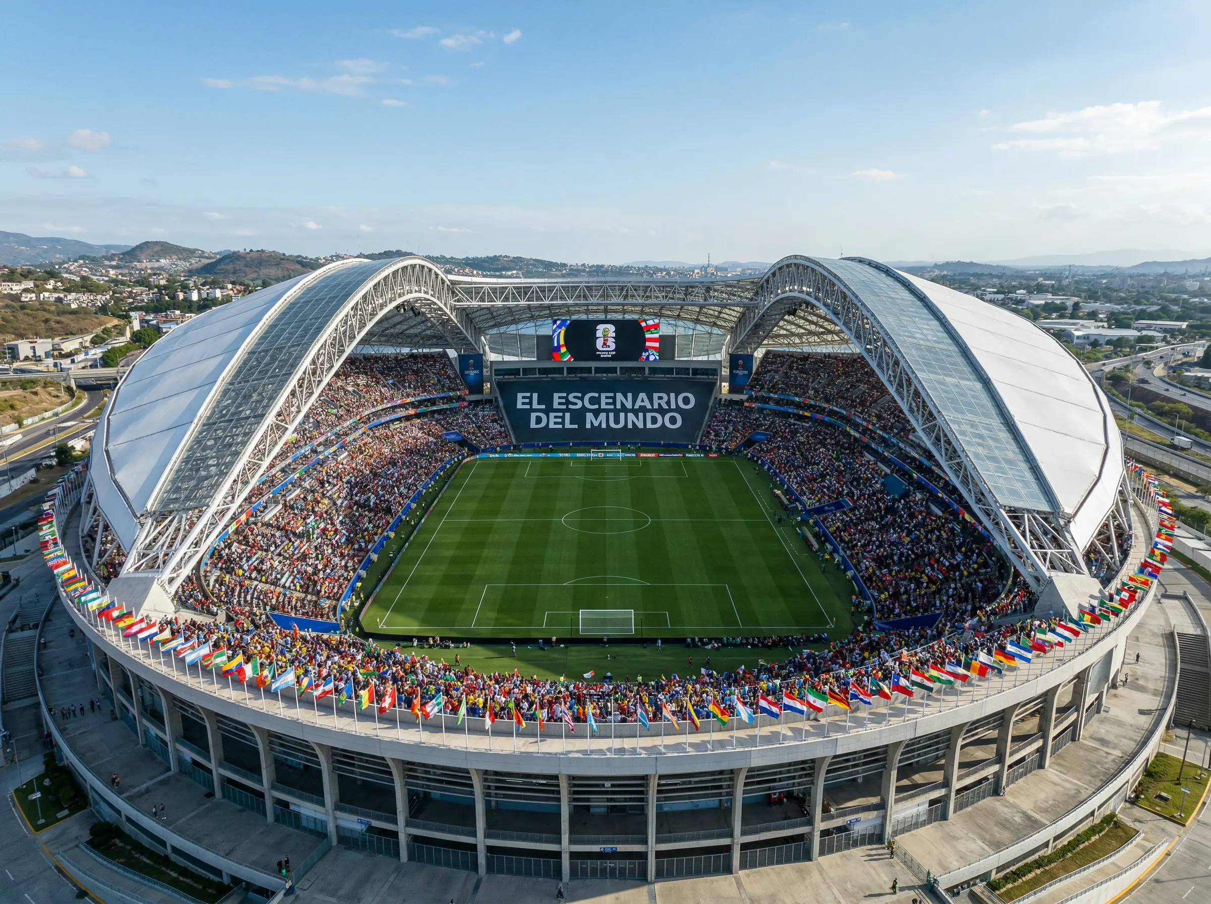 Estadio de fútbol preparado para el Mundial 2026 con banderas internacionales y césped impecable